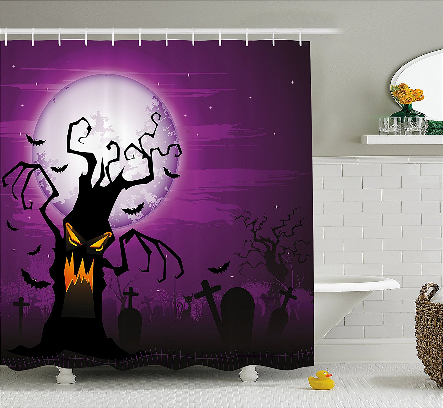 Ambesonne Halloween Decorations Collection, Scary Tree with Creepy ...