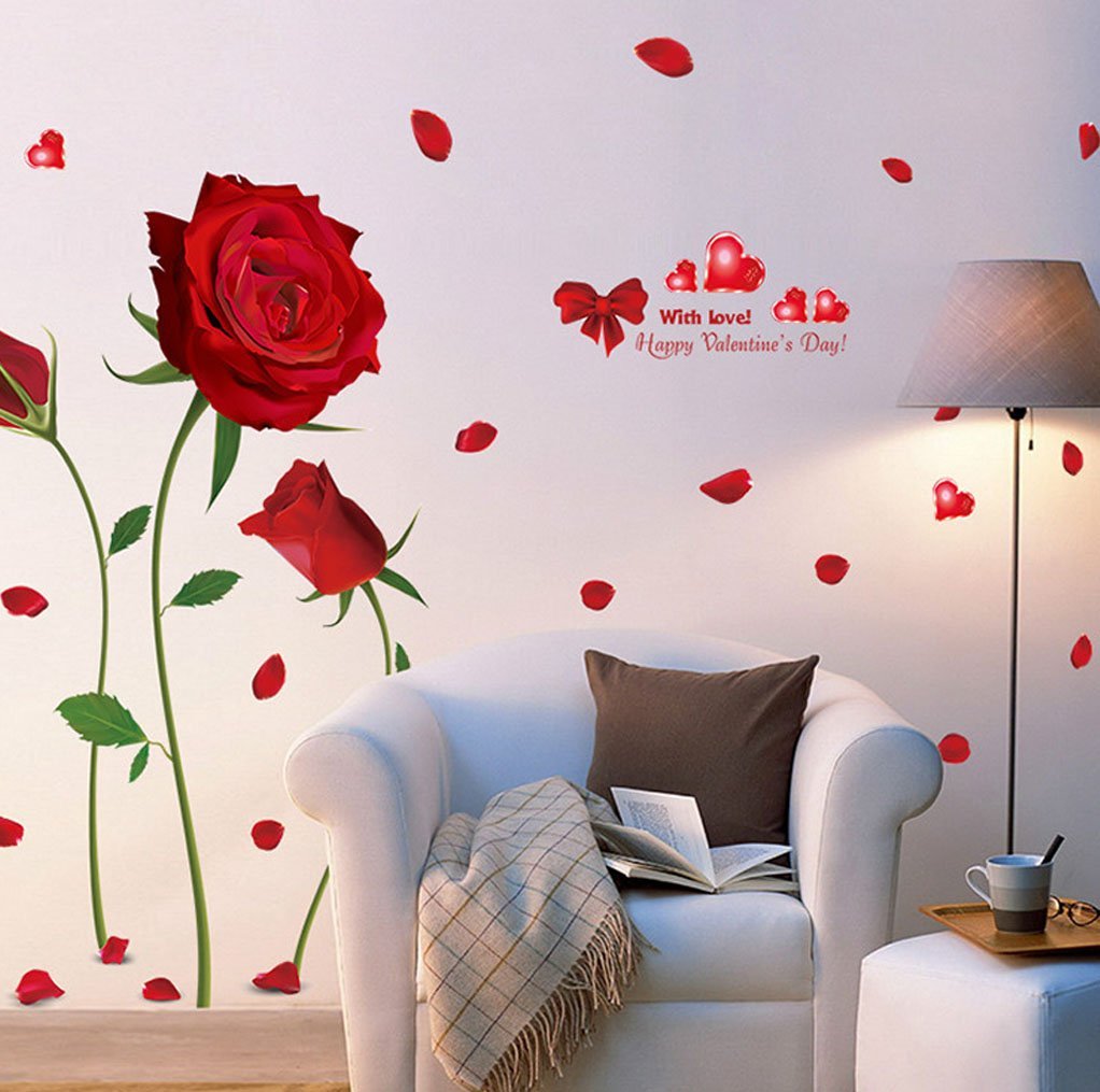 BIBITIME Happy Valentines Day Wall Decals Romantic Rose Flower Sticker