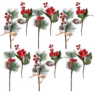 12 Red Berry and Pine Cone Christmas Picks