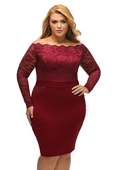 Plus Size Long Sleeve Off Shoulder Lace Bodycon - WF Shopping