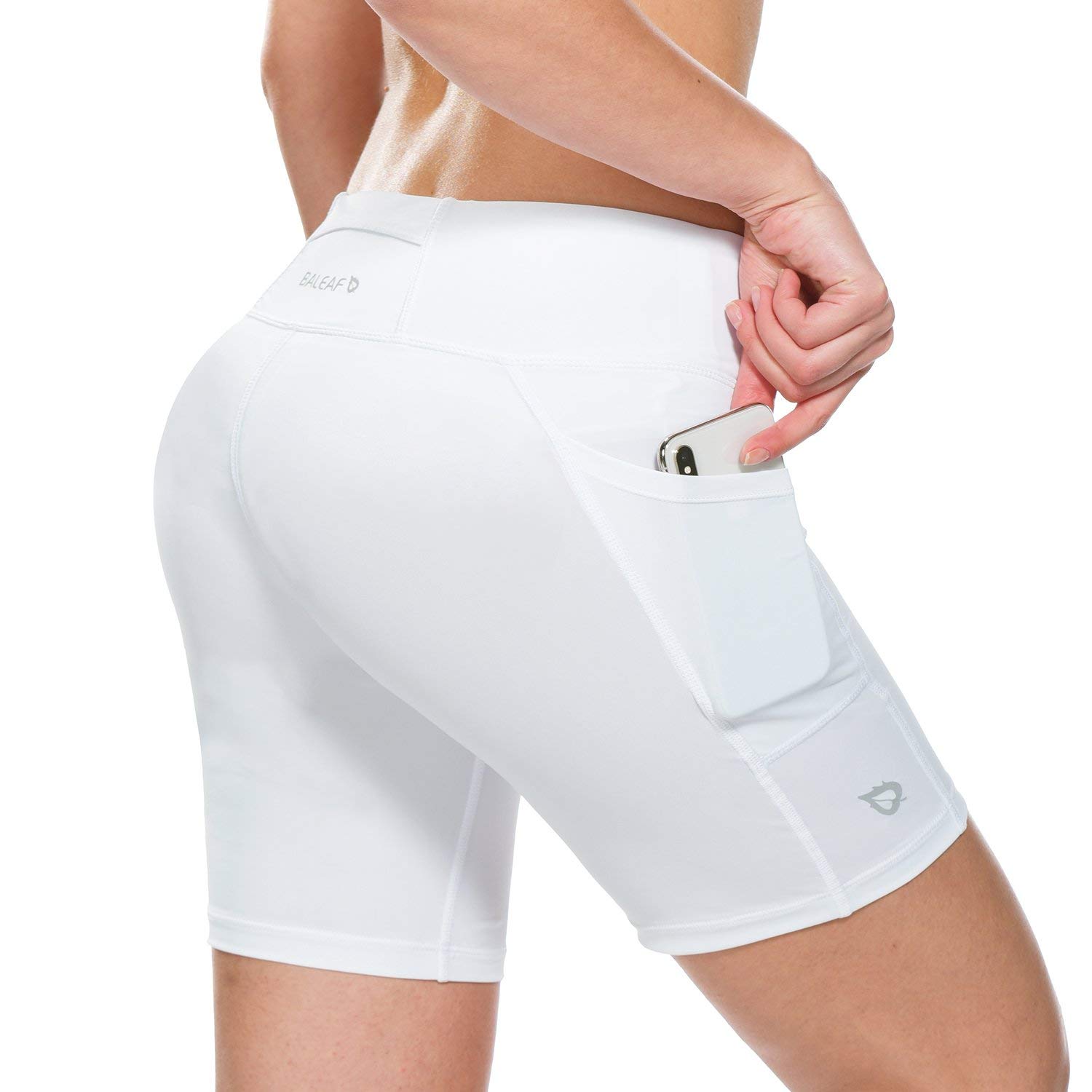 BALEAF Womens 7 Inches Running Yoga Spandex Shorts Long Compression Shorts Workout Back Pockets 