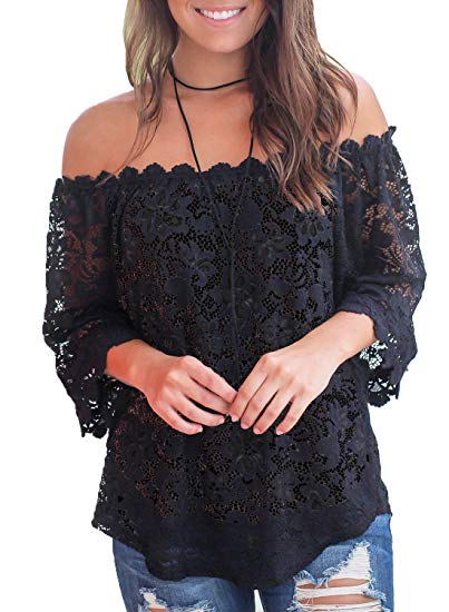 Lace Off Shoulder Tops Casual Loose Blouse Shirts - WF Shopping