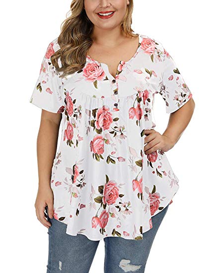 Plus Size Floral Blouses Henley V Neck Button Up - WF Shopping