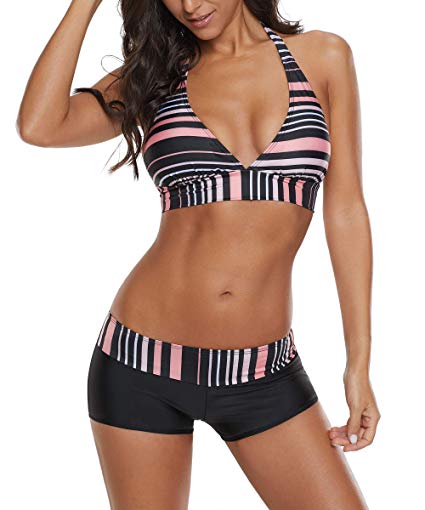 Swimsuit Halter Push Up Top Boyshort Bikini Set - WF Shopping