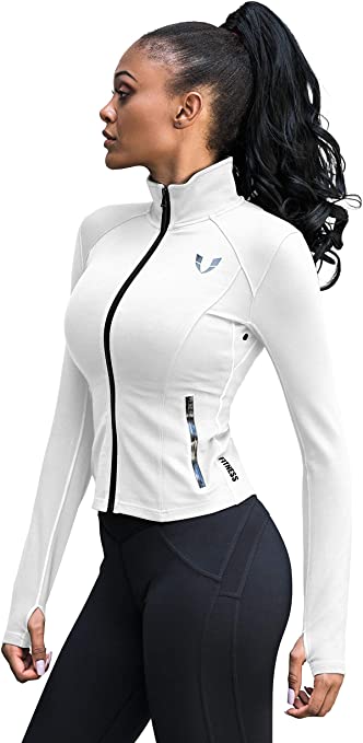 Qualidyne Women's Running Yoga Jacket - Slim Fit Full Zip Workout Jacket With Thumb Holes