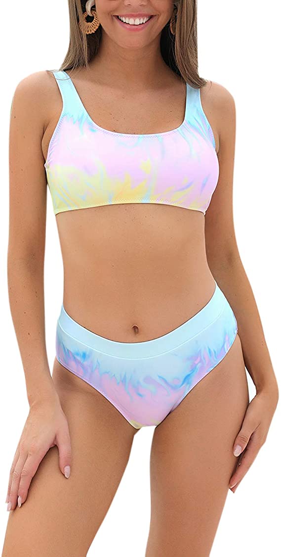 Women's Sporty Tie Dye Bikini Set High Cut Two Piece Swimsuits WF