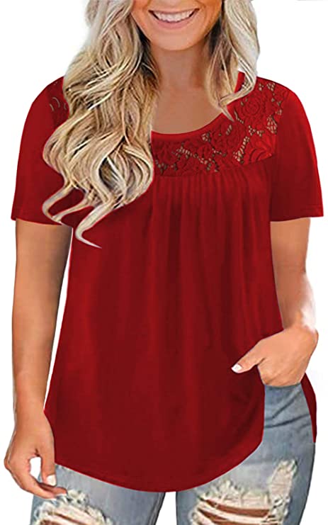 Womens Plus Size Shirts Short Sleeve Lace Tops - WF Shopping