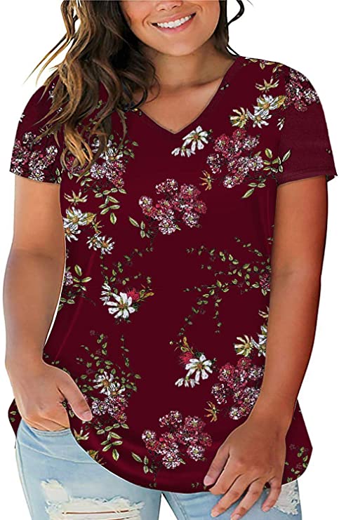 Women's Plus Size Floral Tops V Neck T-Shirts Short Sleeve Casual - WF ...