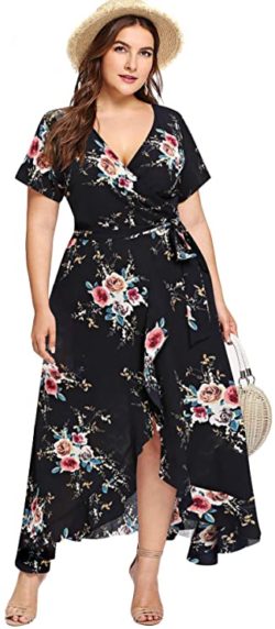 Plus Size Casual V Neck Belted Empire Waist Asymmetrical Maxi Dress ...