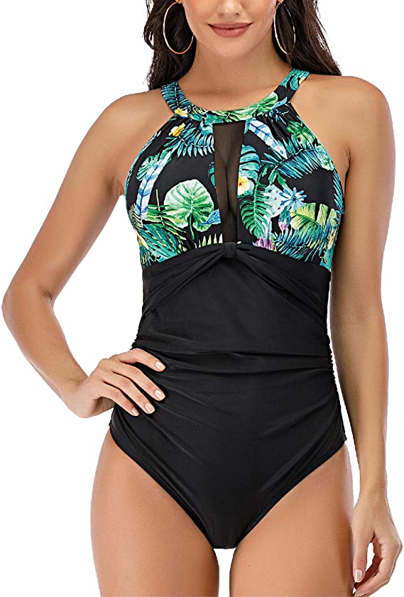 Women One Piece High Neck Swimsuits Mesh Ruched Monokini Swimwear WF