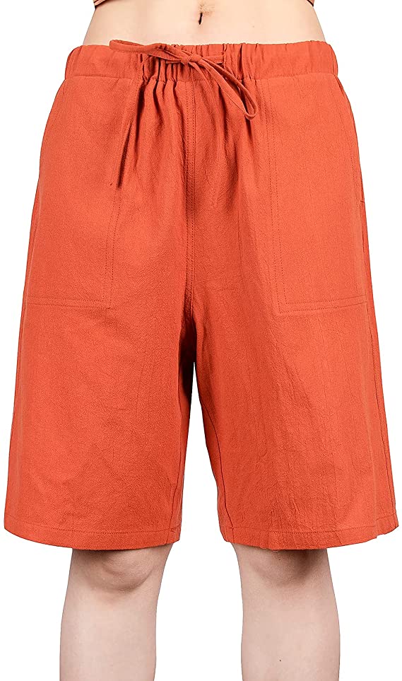 Women's Drawstring Linen Bermuda Shorts for Women Elastic Waist WF Shopping