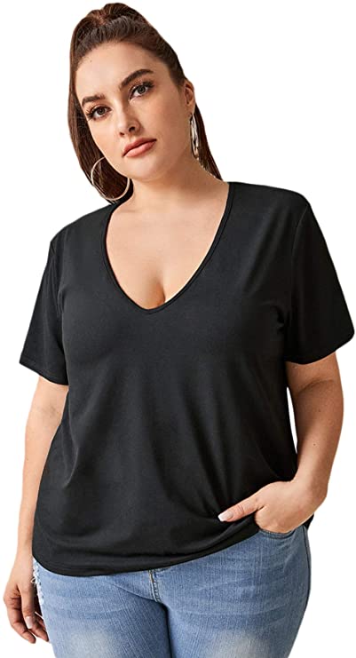 Women's Plus Size Deep V Neck Short Sleeve T Shirt Solid Basic Tee - WF ...