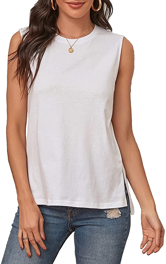 Womens High Neck Tank Top Loose Fit Basic Crew Neck T Shirt Solid WF