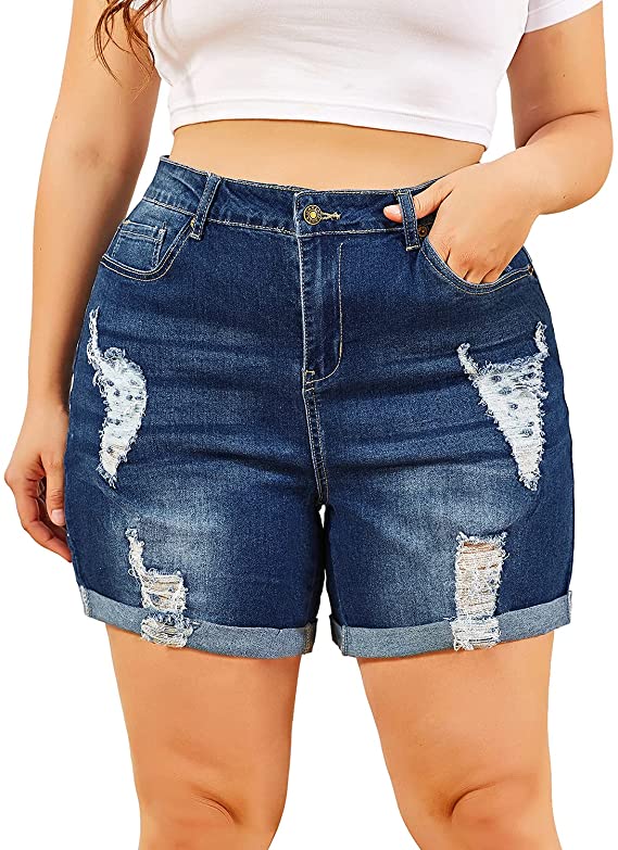 Women's Plus Size Denim Shorts High Waist Ripped Distressed WF Shopping