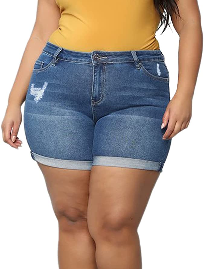 Plus Size Women's Ripped Denim Jean Shorts High Waisted Stretchy WF