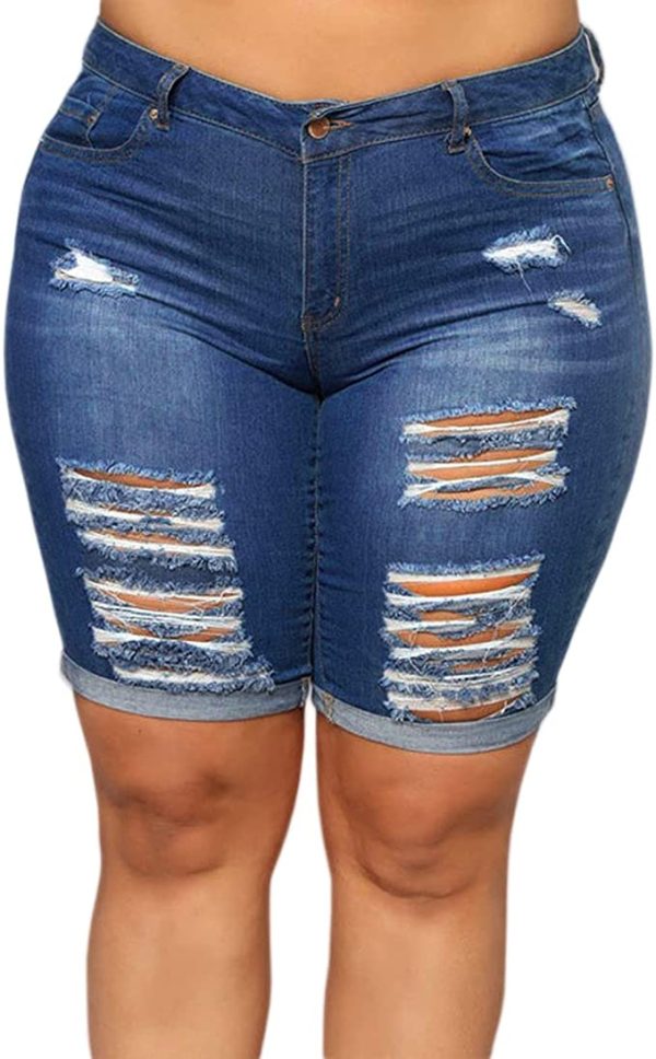 Women's Plus Size Denim Shorts High Waisted Ripped Folded WF Shopping