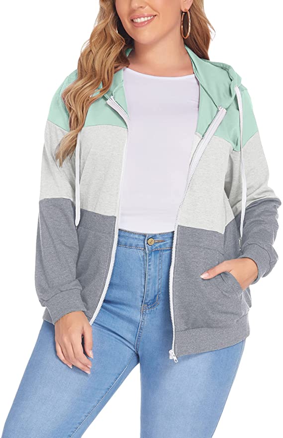 Plus Size Hoodies for Women Zip Up Jacket Lightweight Color Block WF