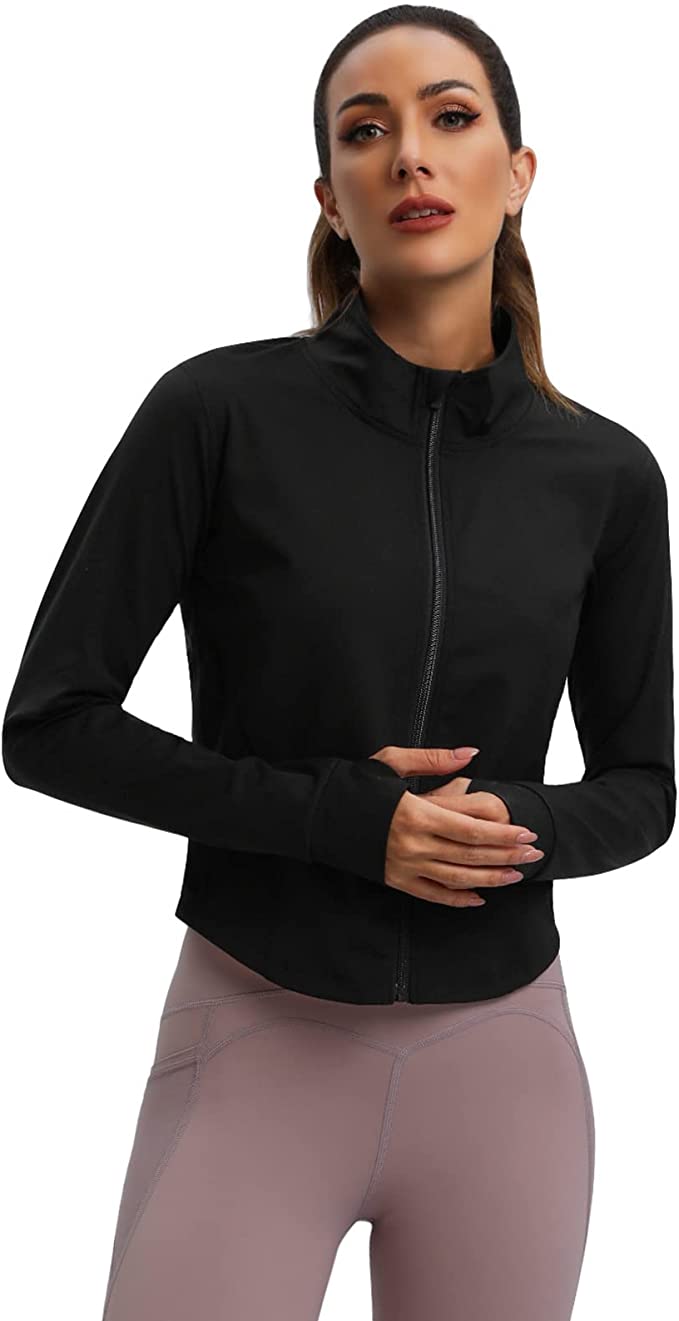Locoowai 2 Pack Women's Workout Jackets, Long Sleeve Cropped Workout Tops Slim Fit Running Jacket Full Zip Athletic Jackets