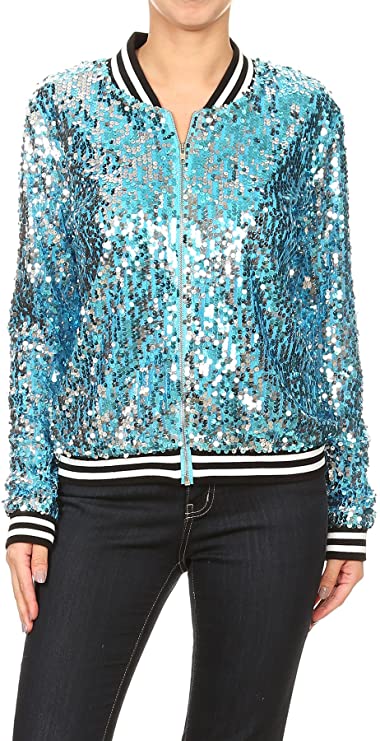 Anna-kaci Women's Sequin Jacket Sparkle Long Sleeve Front Zip Casual Blazer Bomber Jacket With Pockets Medium Gradient Color