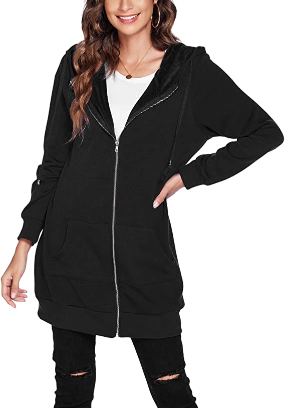 Women's Long Hoodies Casual Zip Up Sweatshirt Fleece Tunic Jacket - WF ...