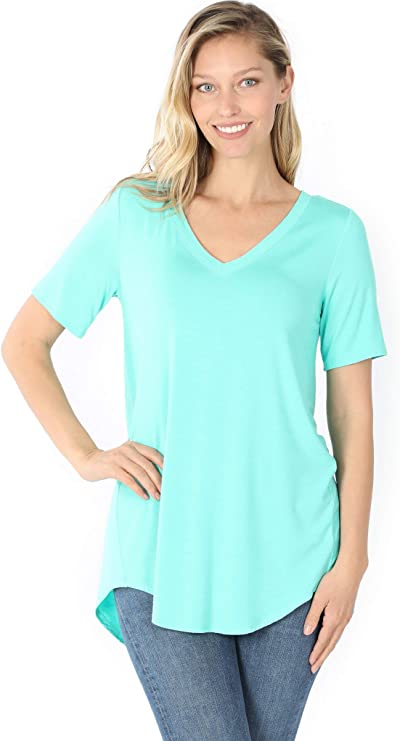 Zenana Luxe Rayon Short Sleeve V-Neck HI-Low Hem TOP - WF Shopping