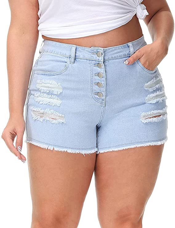 Womens Plus Size Casual Denim Shorts High Waisted Distressed Jean Shorts WF Shopping