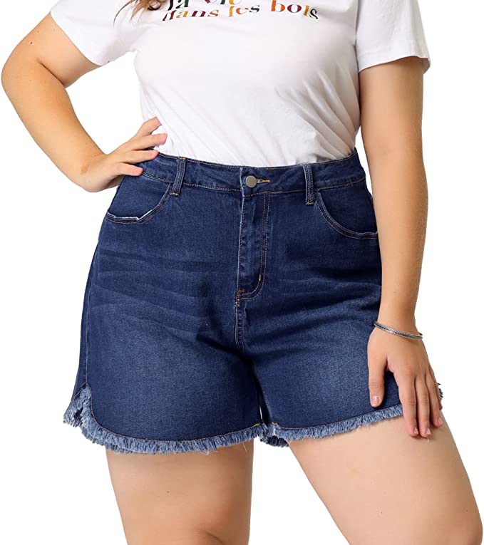 Plus Size Denim Shorts for Women High Waisted Raw Hem Stretch WF Shopping
