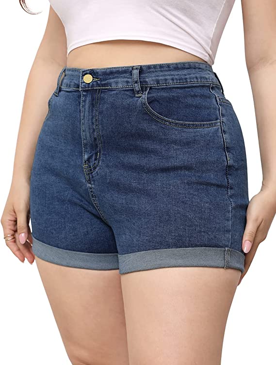 DIJIUCEN Plus Size Jean Shorts Distressed Ripped Rolled Hem WF Shopping