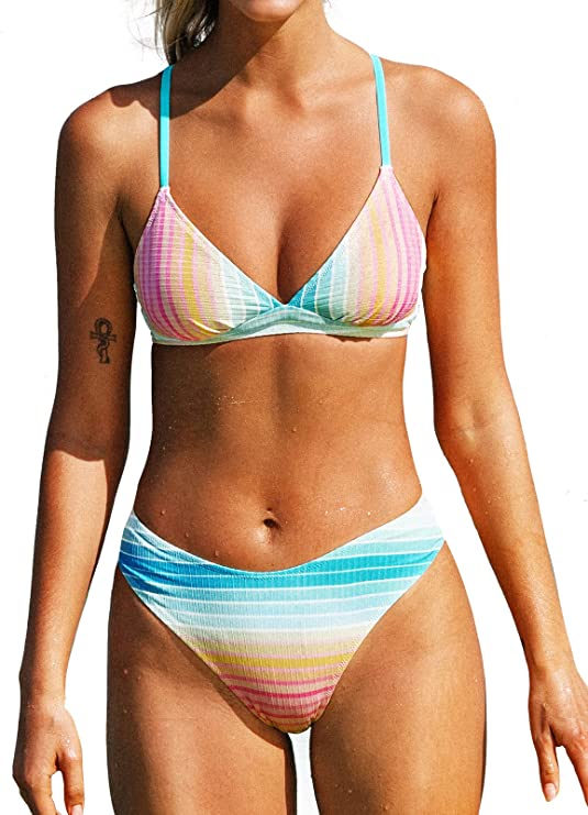Women's Low Waist Bikini Swimsuit Triangle Stripe Tie Two Piece Bathing WF Shopping