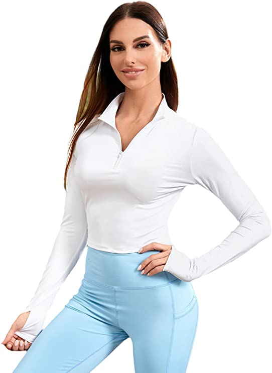 Women's Athletic Shirts Long Sleeve Zipper Front Workout Crop Top WF