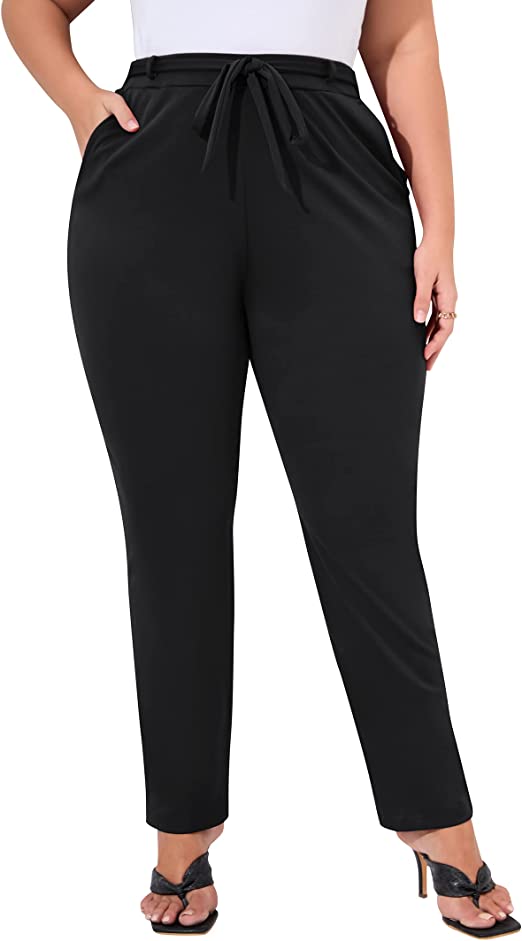 Womens Plus Size Work Pants with Belt Elastic High Waist Casual Pants