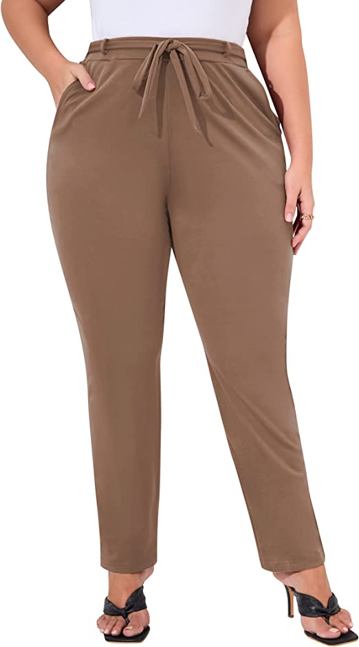 Womens Plus Size Work Pants with Belt Elastic High Waist Pants - WF Shopping