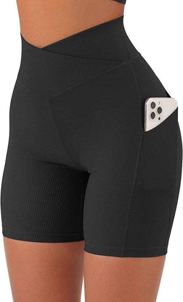 Women V Cross Waist Biker Shorts 5“ High Waist Workout Shorts WF Shopping