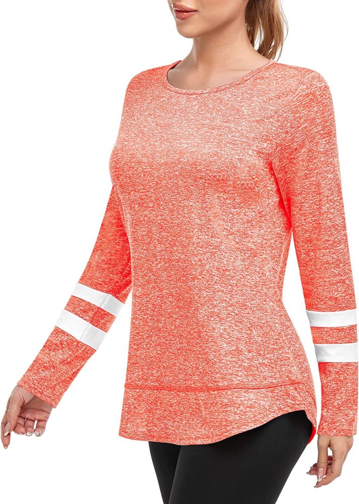 Women's Long Sleeve Workout Shirts Stripe Crew Neck Dry Fit Tops Sports WF Shopping