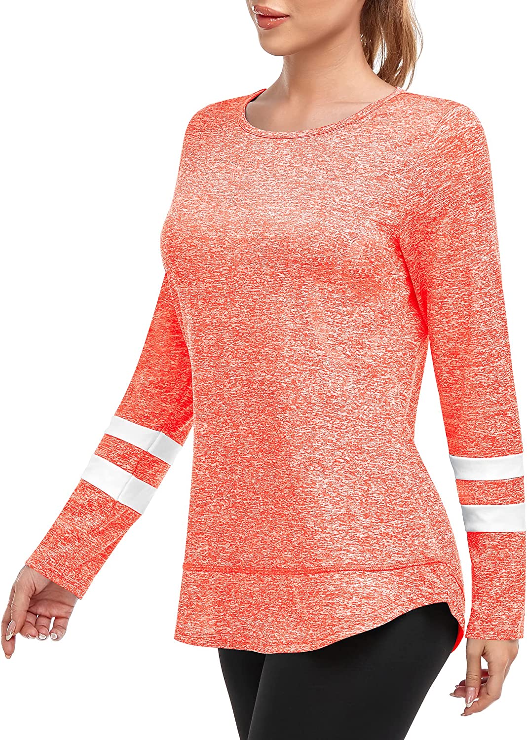 Women's Long Sleeve Workout Shirts Stripe Crew Neck Dry Fit Tops