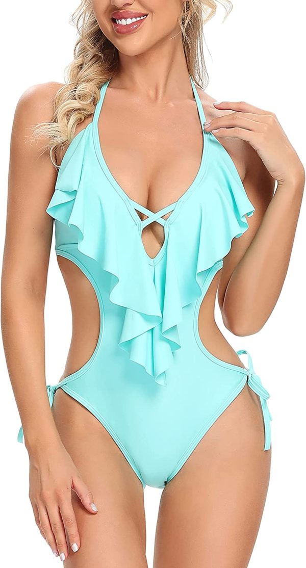 Women's Ruffle Laced Sexy Monokini Bathing Suit Cutout One Piece WF Shopping