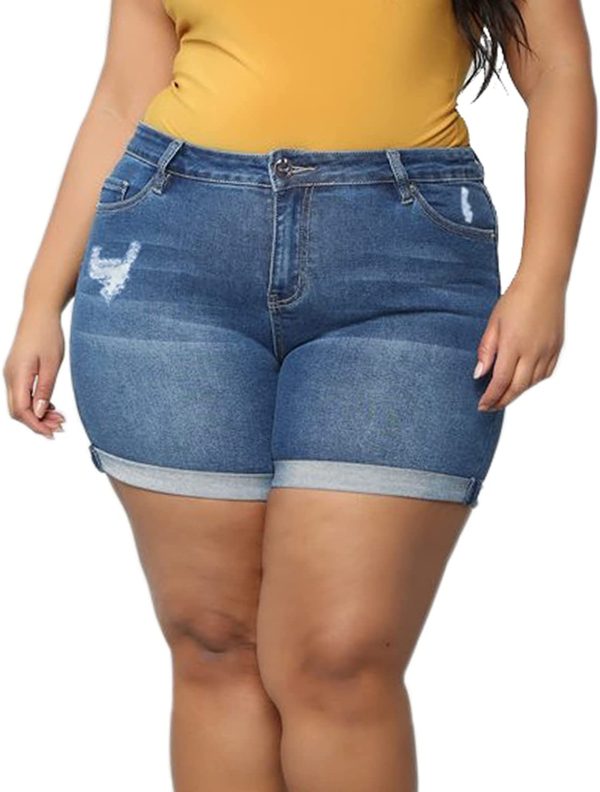 Plus Size Women's Ripped Denim Jean Shorts High Waisted Stretchy Folded