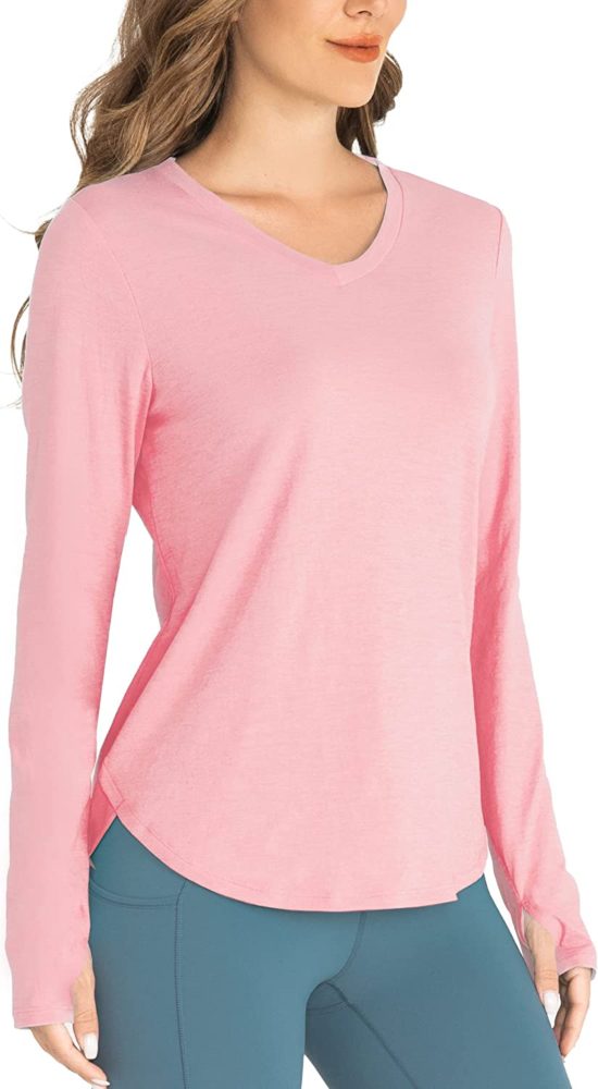Women V Neck Athletic Shirts with Thumbhole Running Loose Active T