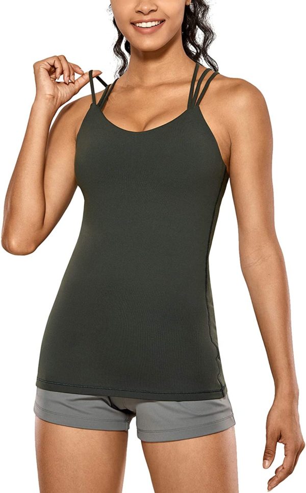 Women's Strappy Back Yoga Tank Tops Built in Shelf Bra Sports Camisole WF Shopping