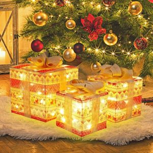 Prsildan Christmas Set of 3 Lighted Gift Boxes Decorations