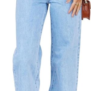 ETTELO Womens Jeans Mid Waisted Straight Leg Loos