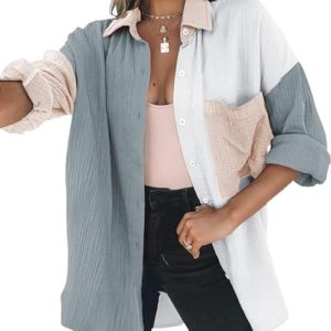 Dokotoo Womens Color Block Button Down Shirts