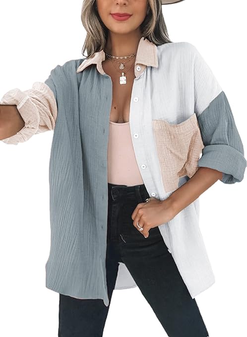 Dookttker Women's Gauze Cotton Button Down Shirt - Color Block, Oversized Boyfriend Blouse, Long Sleeve V-Neck Top