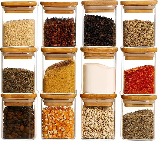 12 Pcs Square Glass Spice Jars with Natural Bamboo Lids 12 Pcs Square Glass Spice Jars with Natural Bamboo Lids