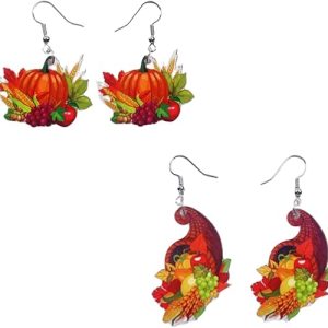 2-3 Pairs Thanksgiving Fall Earrings for Women Harvest Pumpkin Turkey Maple Leaf Dangle Earrings