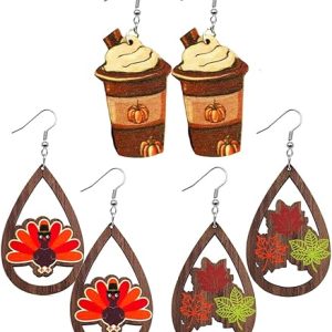 3PairsThanksgiving Earrings for Women Fall Earrings Wooden Earrings