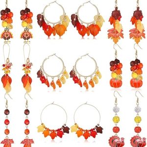 9 Pairs Thanksgiving Earrings Fall Turkey Pumpkin Leaf Charms Dangle Earrings Handmade Layered Maple Leaves Hoop Dangling Earrings Set for Women Girls