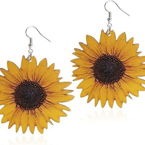 ANDPAI 3D Wooden Sunflower Drop Earrings Unique Handmade Bohemian Sunflower Dangle Drop Earrings