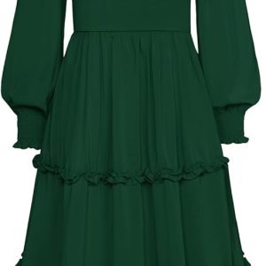 Belle Poque Women's Vintage Square Neck Long Puff Sleeve Tiered Dresses Smocked Elastic Waist Midi Dress