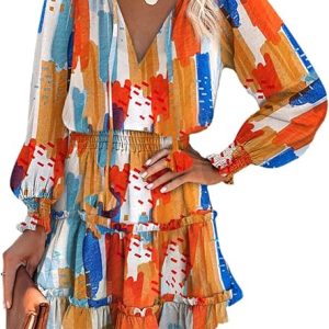 Dokotoo Fall Dresses for 2024 Boho Floral Drawstring V Neck Smocked Long Sleeve Ruffle